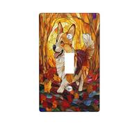 Fall Corgi Dog Decorative Light Switch Cover Wall Plate 1 Gang Single Toggle, Autumn Stained Glass Electrical Faceplate for Kitchen Bathroom, Pet Switchcover Decor