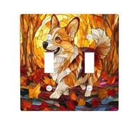 Fall Corgi Dog Decorative Light Switch Cover Wall Plate 2 Gang Double Toggle, Autumn Stained Glass Electrical Faceplate for Kitchen Bathroom, Pet Switchcover Decor