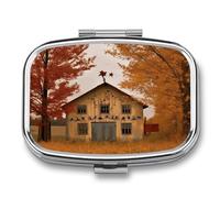 Fall Country Barn Pill Box Medicine Pill Organizer Small Pill Case Travel Pill Container Portable Pill Case for Pocket 2 Compartment Pill Holder Pill Boxes for Travel