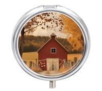 Fall Country Barn Pill Box with 3 Compartments, Portable Pill Organizer Round Compact for Pocket Wallet, Mini Metal Pill Container, Cute Pill Holder