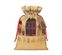 Fall Country Barn Printing Drawstring Christmas Bag With Kraft Tag 4.7x6.9 Inch For Halloween Wrapping Gifts