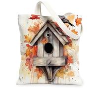 Fall Crow Ravens Bird Canvas Tote Bag for Shopping 13 * 15, Autumn Birdhouse Maple Leaf Reusable Grocery Bag for Women, Fun Travel Pattern Gift Decoration