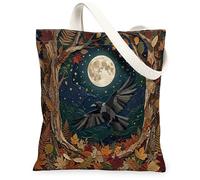 Fall Crow Ravens Bird Canvas Tote Bag for Shopping 13 * 15, Holiday Novelty Forest Maple Reusable Grocery Bag for Women, Autumn Work Travel Painting Gift Decor