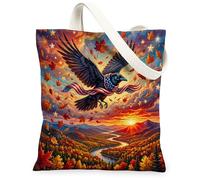 Fall Crow Ravens Bird Canvas Tote Bag for Shopping 13 * 15, Holiday Patriotic Maple Reusable Grocery Shoulder Cloth Bag for Women, Autumn Painting Gift Decoration