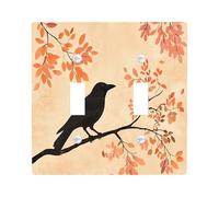 Fall Crow Ravens Bird Decorative Light Switch Cover Wall Plate 2 Gang Double Toggle, Fun Autumn Leaf Branch Electrical Faceplate for Kitchen Bathroom, Country Switchcover Decor
