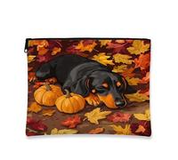 Fall Dachshund Dog Makeup Bag 7''x9'' for Travel Pouch, Autumn Maple Leaf Pumpkin Toiletry Cosmetic Pouch for Women Gift, Fun Country Portable Canvas Zipper Organizer
