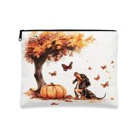 Fall Dachshund Dog Makeup Bag 7''x9'' for Travel Purse, Autumn Pumpkin Tree Cosmetic Pouch for Women Gift, Fun Watercolor Portable Canvas Zipper Organizer Toiletry Pouch