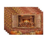Fall Dachshund Dog Placemats Set of 4, 12x18 Inch, Autumn Farmhouse Window 4Pcs Soft Table Mats for Dinning, Rustic Country Pattern Holiday Home Kitchen Decor