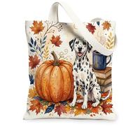 Fall Dalmatian Dog Canvas Tote Bag for Shopping 13 * 15, Holiday Maple Coffee Reusable Grocery Shoulder Bag for Women, Autumn Painting Gift Decor