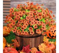 Fall Decor, Fake Mums, Fall Flowers, UV Resistant Artificial Mums for Outdoors, 12 Bundles Faux Mums for Outside, Fall Flowers Plants Artificial for Decoration For Home Porch Thanksgiving,Orange Red