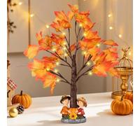 Fall Decor Lighted Maple Tree, 20 Inch Thanksgiving Decorations, Battery Operated Fall Tree with Timer, 24 LEDs, Resin Pumpkin Planter Base, Harvest Table Centerpiece with Maple Accents