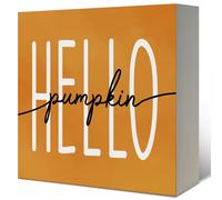 Fall Decor Rustic Orange Wooden Box Sign,Hello Pumpkin Harvest Season Fall Decorations for Home,Autumn Farmhouse Decorations for Indoor Office Bedroom Kitchen Table Desk Shelf 5x5 Inch
