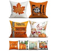 Fall Decorations Pillow Covers Double-Side Printing 18'' x 18'' Set of 4, Pumpkins Thankful Blessed Buffalo Plaid Fallen Leaves Thanksgiving Orange Throw Cushion Cases for Outdoor Indoor Home Decor