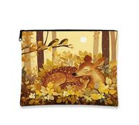 Fall Deer Makeup Bag 7x9 Inch for Travel Purse, Autumn Wildlife Forest Plant Pattern Cosmetic Pouch for Women, Animal Scenery Portable Canvas Zipper Organizer