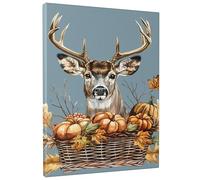 Fall Deer Pumpkin Canvas Wall Art, Blue Brown Rustic Harvest Poster Prints, Animal Wall Art Autumnal Decor For Living Room, Bedroom, Farmhouse, Unframed 8x12 Inch