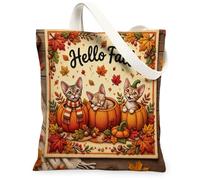 Fall Devon Rex Cat Canvas Tote Bag for Shopping 13 * 15, Autumn Country Knitting Pumpkin Reusable Grocery Bag for Women, Farm Beach Aesthetic Painting Gift Decor