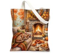 Fall Devon Rex Cat Canvas Tote Bag for Shopping 13 * 15, Autumn Harvest Fireplace Campfire Reusable Grocery Bag for Women, Farmhouse Aesthetic Painting Gift Decor