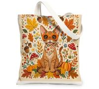 Fall Devon Rex Cat Canvas Tote Bag for Shopping 13 * 15, Autumn Retro Paper Cut Craft Reusable Grocery Bag for Women, Maple Leaf Aesthetic Painting Gift Decor