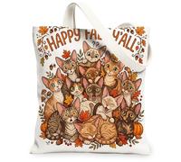 Fall Devon Rex Cat Canvas Tote Bag for Shopping 13 * 15, Autumn Stacked Kitten Weird Reusable Grocery Bag for Women, Maple Leaf Aesthetic Painting Gift Decor