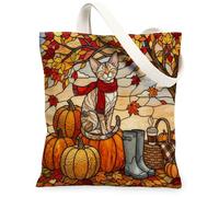 Fall Devon Rex Cat Canvas Tote Bag for Shopping 13 * 15 Inch, Stained Glass Autumn Pumpkin Reusable Grocery Bag for Women, Harvest Aesthetic Pattern Gift Decor