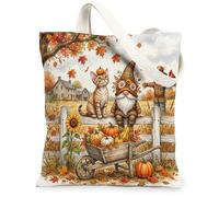Fall Devon Rex Cat Canvas Tote Bag for Shopping 13x15, Autumn Gnome Farmhouse Harvest Reusable Grocery Print Pattern Bag for Women, Scarecrow Aesthetic Painting Gift Decor