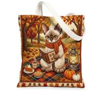 Fall Devon Rex Cat Canvas Tote Bag for Shopping 13x15, Autumn Quilted Style Camping Reusable Grocery Print Pattern Bag for Women, Country Beach Aesthetic Painting Gift Decor