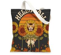 Fall Devon Rex Cat Canvas Tote Bag for Shopping 13x15, Autumn Vintage Retro Sunflower Reusable Grocery Print Bag for Women, Pumpkin Beach Aesthetic Painting Gift Decor