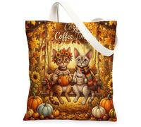 Fall Devon Rex Cat Swing Canvas Tote Bag for Shopping 13 * 15, Autumn Forest Pumpkin Reusable Grocery Bag for Women, Cool Beach Aesthetic Painting Gift Decor