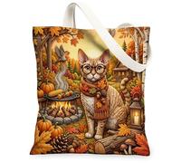 Fall Devon Rexs Cats Canvas Tote Bag for Shopping 13 * 15, Camping Barbecue Reusable Grocery Shoulder Bag for Women, Autumn Painting Gift Decor