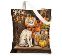 Fall Devon Rexs Cats Canvas Tote Bag for Shopping 13 * 15, Holiday Cute Wood Reusable Grocery Shoulder Bag for Women, Autumn Painting Gift Decor