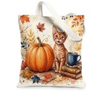 Fall Devon Rexs Cats Canvas Tote Bag for Shopping 13 * 15, Holiday Maple Coffee Reusable Grocery Shoulder Bag for Women, Autumn Painting Gift Decor