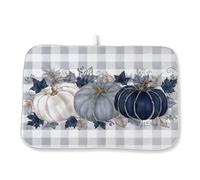 Fall Dish Drying Mat 18x24 Inch Blue White Pumpkin Maple Grey Buffalo Plaid Drying Mat Autumn Harvest Thanksgiving Holiday Dish Drying Pad Dish Rack Drainer Mats for Kitchen Counter