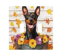Fall Doberman Dog Decorative Light Switch Cover Plate 2 Gang Double Toggle, Autumn Wood Flower Leaf Electrical Switchplate, Puppy Faceplate for Kitchen Living Room Decor