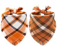 Fall Dog Bandanas 2PCS-XLarge,Autumn Halloween Orange Plaid Scarf,Triangle Holiday Thanksgiving Outfit for Boy and Girl Dogs,Pet Costumes for Extra Large Dogs, Double-Sided Plaid Design with Tassels