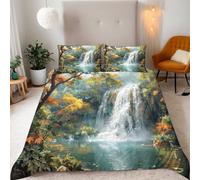 Fall Double Duvet Set Green Forest Waterfall Bedding Set Soft Microfiber 3 Piece Bedding Teenager Room Decoration Duvet Covers with 2 Pillow Case (Double，200x200cm)