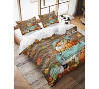 Fall Duvet Cover Set California King Size Harvest Pumpkin Truck Comforter Sets 3 PCS, Maple Leaves Wood It's Fall Y'all Thanksgiving Bedding Set with Zipper Closure and 2 Pillow Cases, Soft Bed Covers