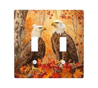 Fall Eagle Bird Decorative Light Switch Cover Plate 2 Gang Double Toggle, Autumn Vintage Maple Leaf Electrical Switchplate, Retro Faceplate for Kitchen Living Room Decor