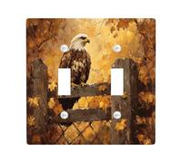 Fall Eagle Bird Decorative Light Switch Cover Plate 2 Gang Double Toggle, Autumn Wooden Fence Electrical Switchplate, Maple Leaf Faceplate for Kitchen Living Room Decor