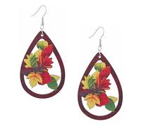 Fall Earrings for Women Wooden Printed Thanksgiving Dangle Waterdrop Shape Earrings Maple Leaves Sunflower Pumpkin Drop Lightweight Autumn Jewelry Gifts, Wood, No Gemstone