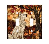 Fall Eskimos Dog Decorative Light Switch Cover Wall Plate 2 Gang Double Toggle, Autumn Stained Glass Electrical Faceplate for Kitchen Bathroom, Pet Switchcover Decor