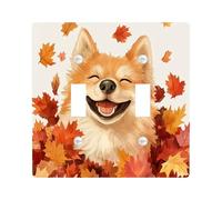 Fall Eskimos Dog Decorative Light Switch Cover Wall Plate 2 Gang Double Toggle, Fun Autumn Maple Leaves Puppy Electrical Switchplate Weird Cute Pet Electrical Faceplate for Bedroom Room