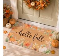 Fall Eucalyptus Pumpkin Door Mat, Hello Autumn Welcome Rug for Front Door | 17" x 29.5" Eucalyptus Berry, Pumpkin and Leaf Design With Artificial Coir Fibers; Removes Dirt With Non-Slip Backing