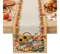 Fall Farm Pumpkin Gnome Sunflower Table Runner 72 Inches Long,Table Runners Kitchen Dining Tables Decoration for Home Party Decor, Orange Buffalo Plaid Tables Runner Wedding Dresser Scarf