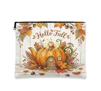 Fall Fireflies Insect Makeup Bag, Cute Holiday Wood Leaf Cosmetic Travel Pouch for Women Girls, Autumn Portable Small Canvas Zipper Organizer 7x9 Inch