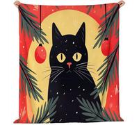 Fall Flannel Throw Blanket Christmas Black Cat Pine Branches With Red Berries Blankets Flannel Cozy Plush, Red Yellow Soft Warm Blankets Bed, Halloween Decorations,Girl, Woman,Adults 150 x 100 cm