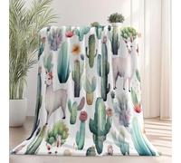 Fall Flannel Throw Blanket Watercolor Cactus Alpaca Blankets Flannel Cozy Plush, Green Pink Soft Warm Blankets Bed, Halloween Decorations,Girl, Woman,Adults 220 x 260 cm