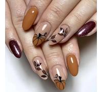 Fall Flase Nails Press On Halloween Almond Stick On With Pumpkin Leaf For Women Thanksgiving Art Artificial