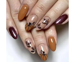 Fall Flase Nails Press On Halloween Almond Stick On With Pumpkin Leaf For Women Thanksgiving Art Artificial