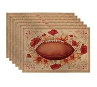 Fall Floral Football Placemats, Red Country Blossom Place mats for Dining Table, Non-Slip Washable Indoor Outdoor Party Decorative Placemat Set of 6
