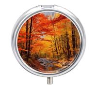 Fall Foliage Pill Box 3 Compartment Small Pill Case with Mirror for Purse & Pocket Travel Medicine Organizer Daily Medication Container Portable Pillbox Metal Medicine Box Round Meds Case